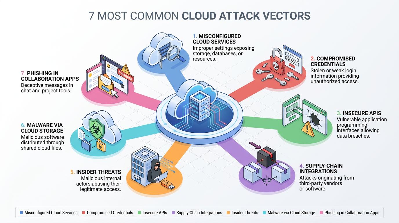 Central cloud icon connects to seven numbered attack vectors—misconfigured services, compromised credentials, insecure APIs, supply-chain integrations, insider threats, malware via cloud storage, and phishing in collaboration apps—each