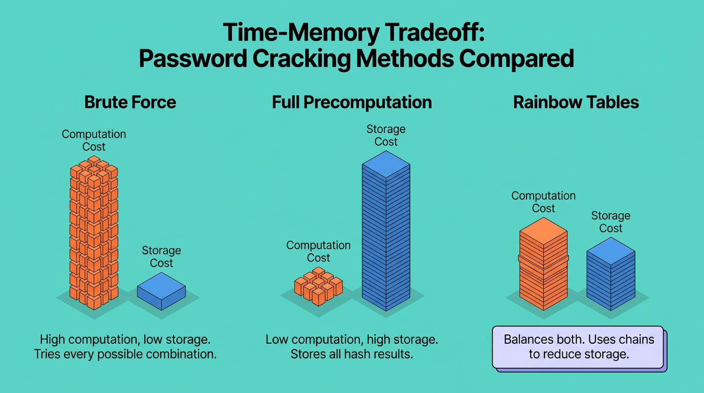 Three cracking methods compared on a computation-versus-storage tradeoff scale: Brute Force shows tall orange computation blocks with a tiny blue storage block; Full Precomputation shows small computation blocks beside a towering storage