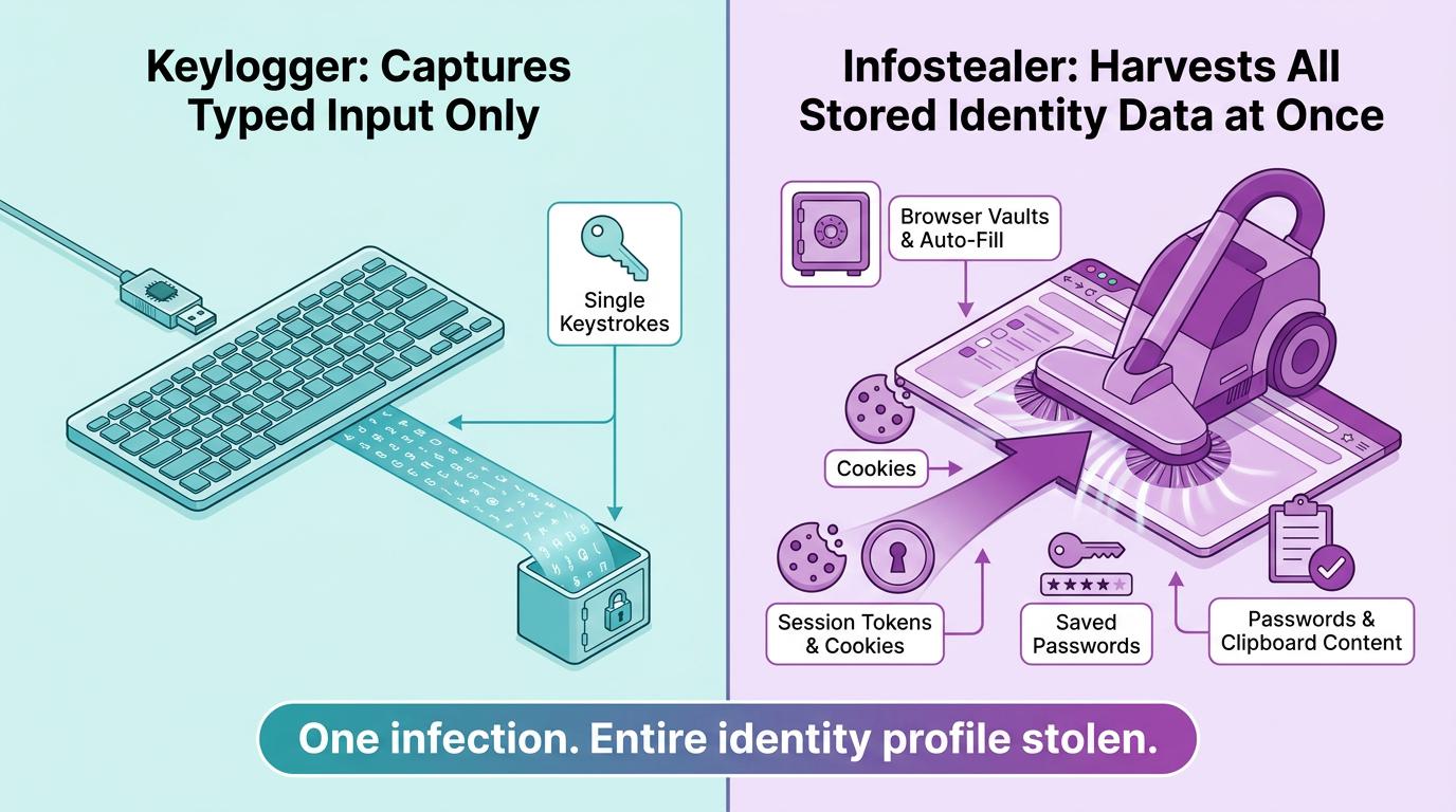 Side-by-side diagrams contrast keyloggers capturing only keystrokes with infostealer malware extracting entire login vaults, session cookies, and browser data, illustrating the wider threat to identity security and MFA posed by