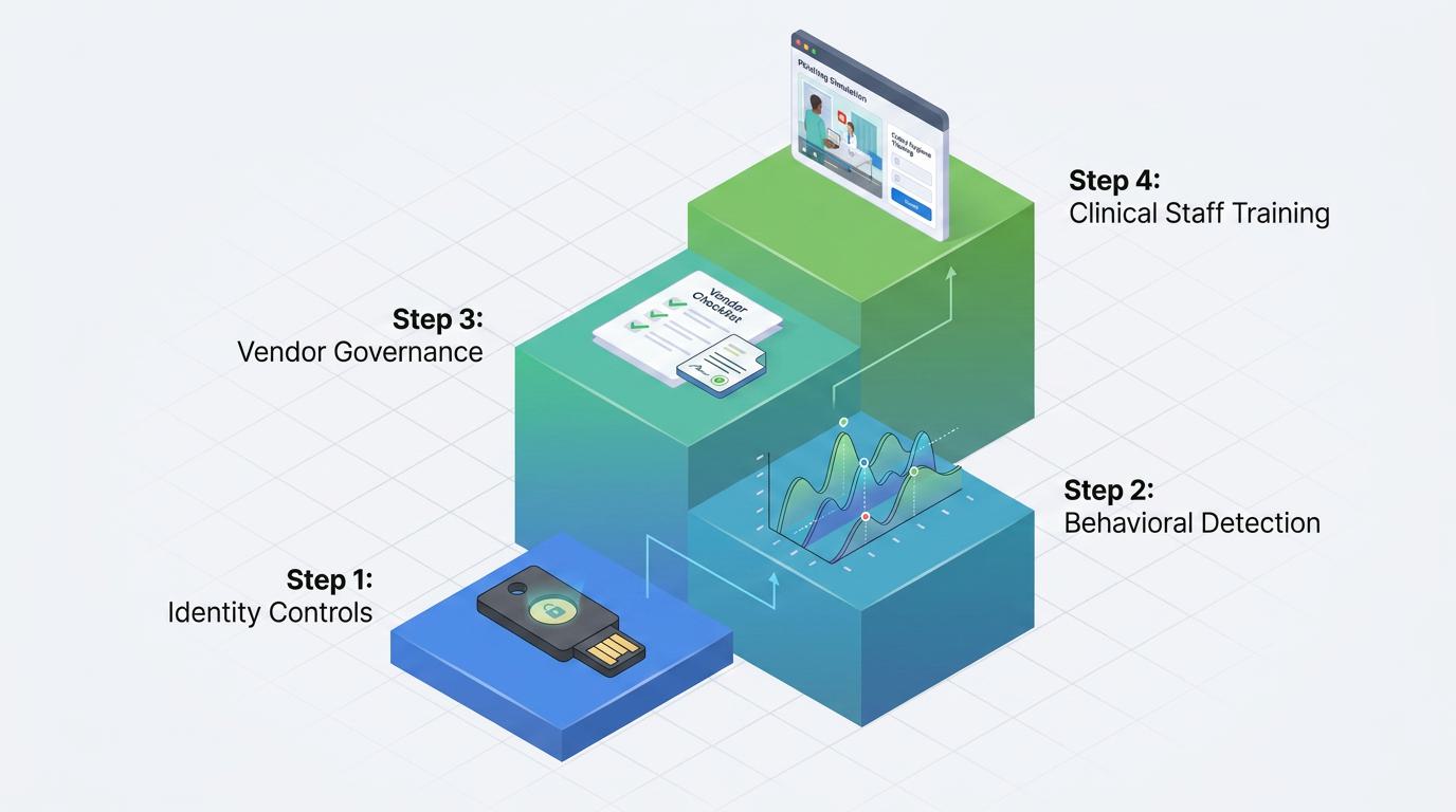 A stylized chart visualizes how credential phishing, business email compromise, and vendor email compromise are the top three email threats bypassing legacy defenses and exposing healthcare organizations to ePHI breaches.