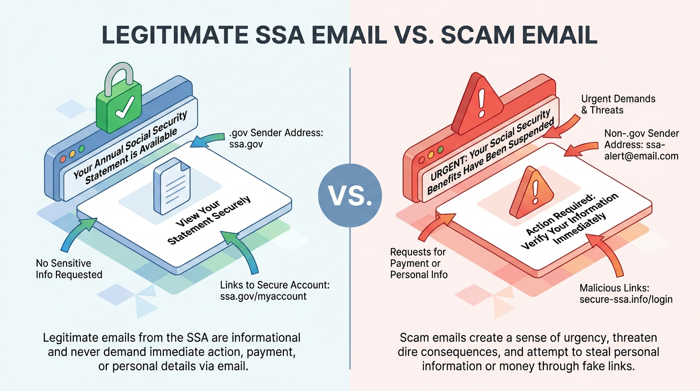 Side-by-side comparison contrasts a genuine SSA notice—.gov sender, no urgency, links only to ssa.gov/myaccount—with a scam email using threats, urgent demands, and a fake secure-ssa.info login link