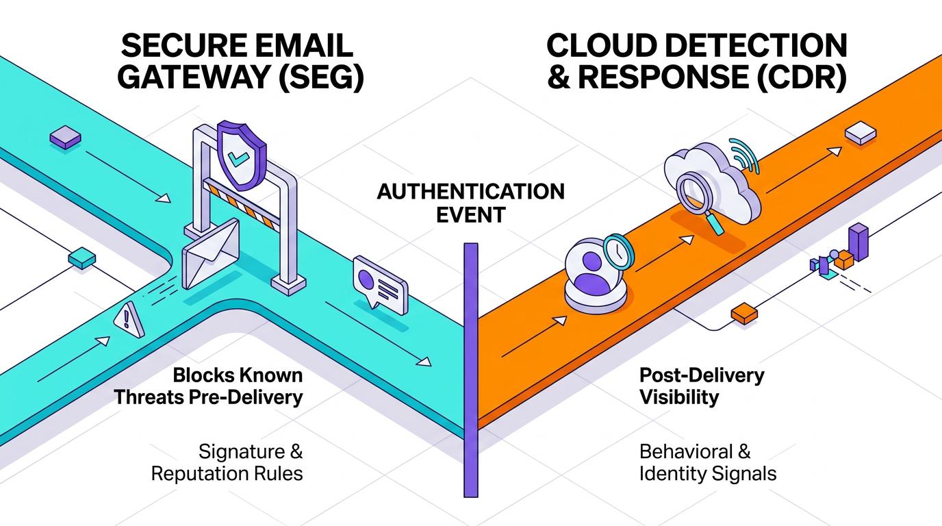 Timeline-style infographic compares traditional secure email gateways, which only monitor inbound email before delivery, with cloud detection and response that continuously tracks identity, behavior, and risk signals after authentication