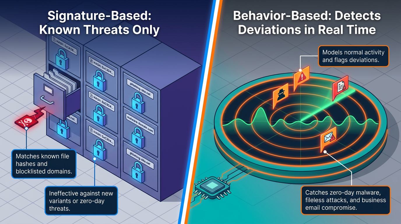 Split-screen comparison contrasting signature-based detection—a locked file cabinet matching known hashes and blocklisted domains, ineffective against zero-day variants—with behavior-based security's radar modeling normal activity to flag