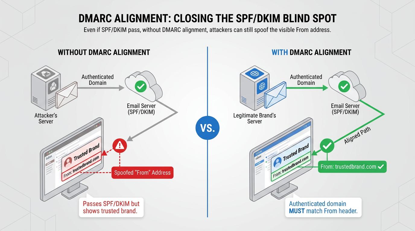 Diagram uses a flowchart with icons and arrows to show how DMARC links SPF and DKIM authentication results to the visible “From” domain, enforcing domain owner policy to block exact-domain email spoofing.