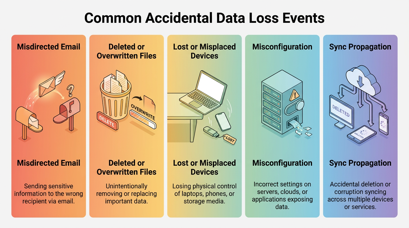 Five panels illustrate common accidental data loss causes: misdirected email, deleted or overwritten files, lost devices, misconfiguration, and sync propagation errors that delete or corrupt data across systems.