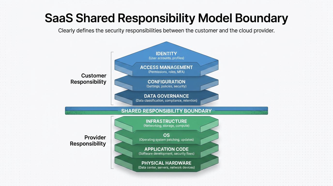 A layered diagram illustrates SaaS risk surface boundaries, highlighting customer responsibility for identity, configuration, data governance, integrations, and compliance as distinct from the provider-managed platform and infrastructure