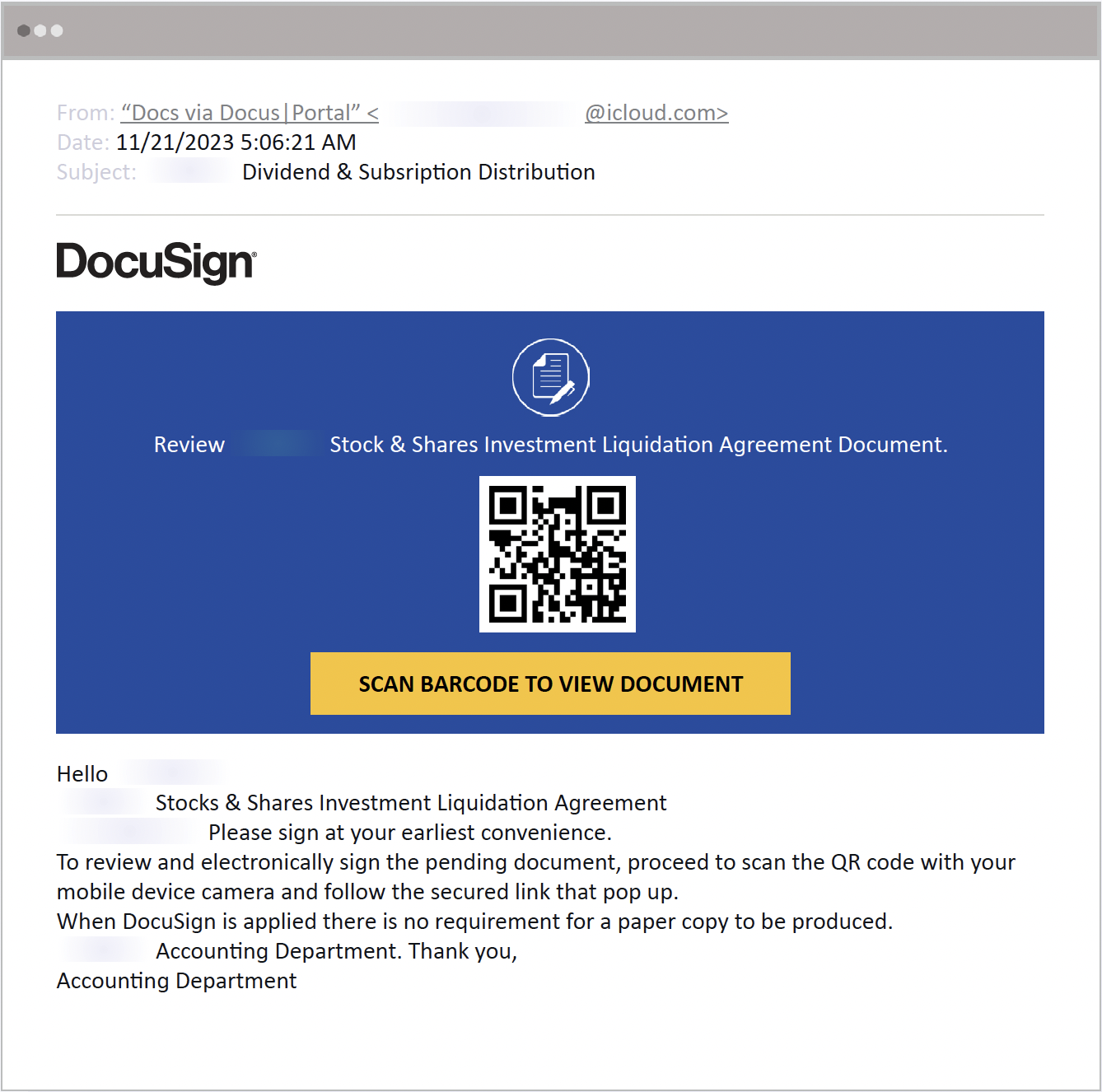 QR Code Phishing Blog Docu Sign Email