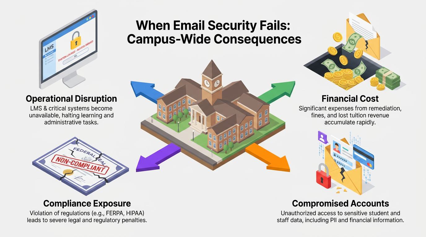 Icons illustrate four cascading effects of email attacks on a stylized campus building: LMS lockout causing operational disruption, mounting financial costs, compliance violations like FERPA breaches, and compromised student and staff
