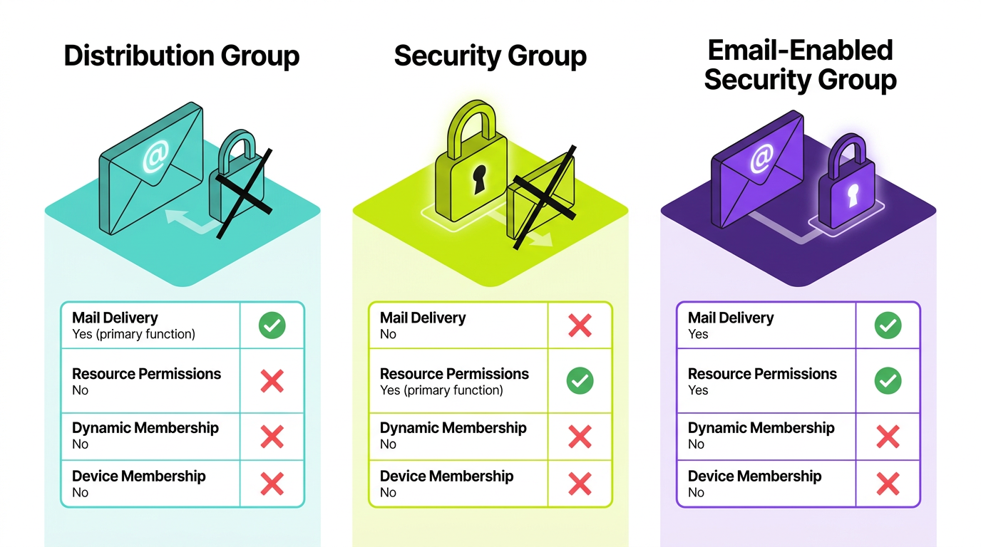 Three colored panels compare Distribution Group, Security Group, and Email-Enabled Security Group across mail delivery, resource permissions, dynamic membership, and device membership, showing checkmarks and X marks for each capability.