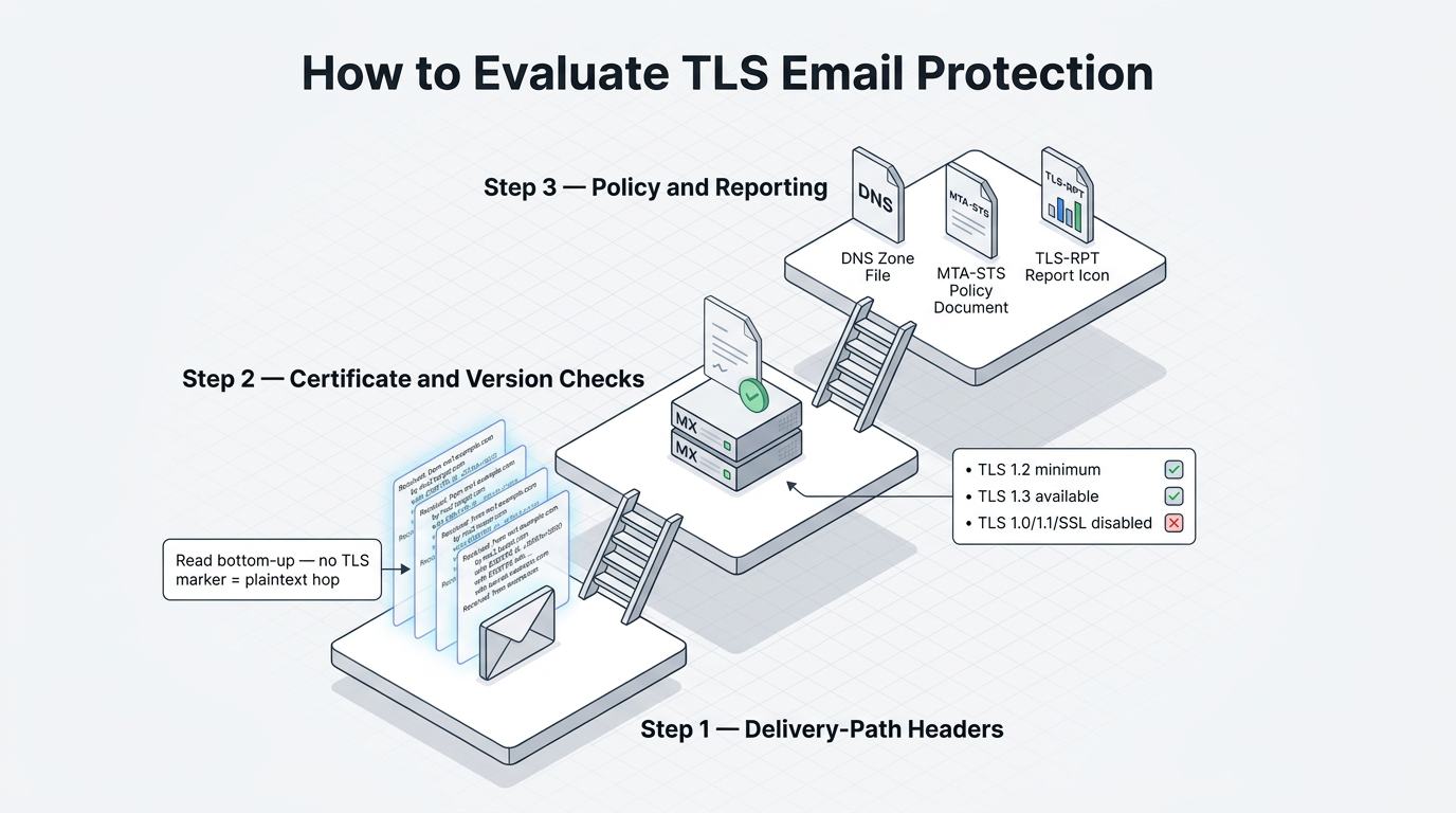 Three stacked platforms illustrate evaluating TLS email protection: reading delivery-path headers for plaintext hops, verifying certificates and TLS version support, then checking MTA-STS policy, DNS records, and TLS-RPT reporting.