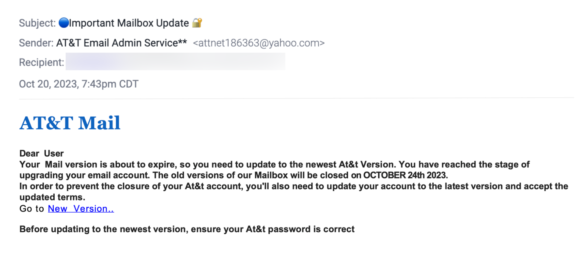 ATT Email Impersonation Attack Email