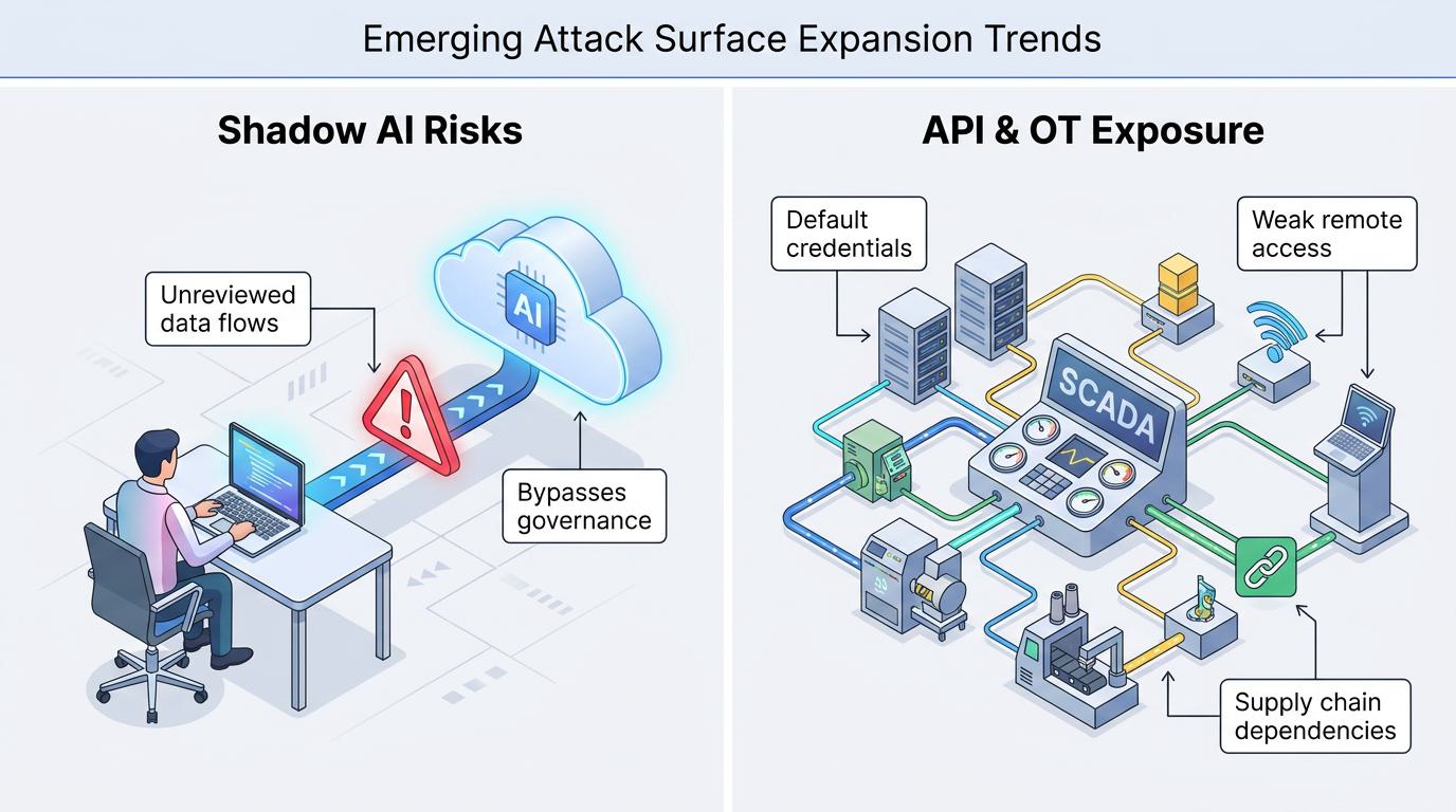 Circular diagram illustrates attack surface management as a continuous cycle: asset discovery leads to classification and prioritization, followed by continuous monitoring and then remediation, emphasizing ongoing visibility and risk