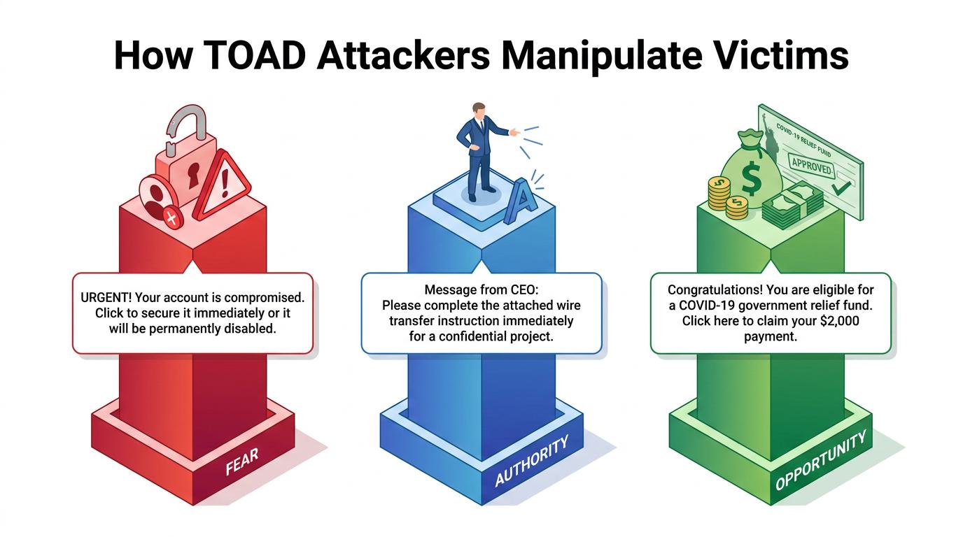 Diagram visualizes a TOAD phishing attack sequence, illustrating email, SMS, and spoofed phone call channels converging on a victim, highlighting multi-channel narratives, voice impersonation, and social engineering tactics.