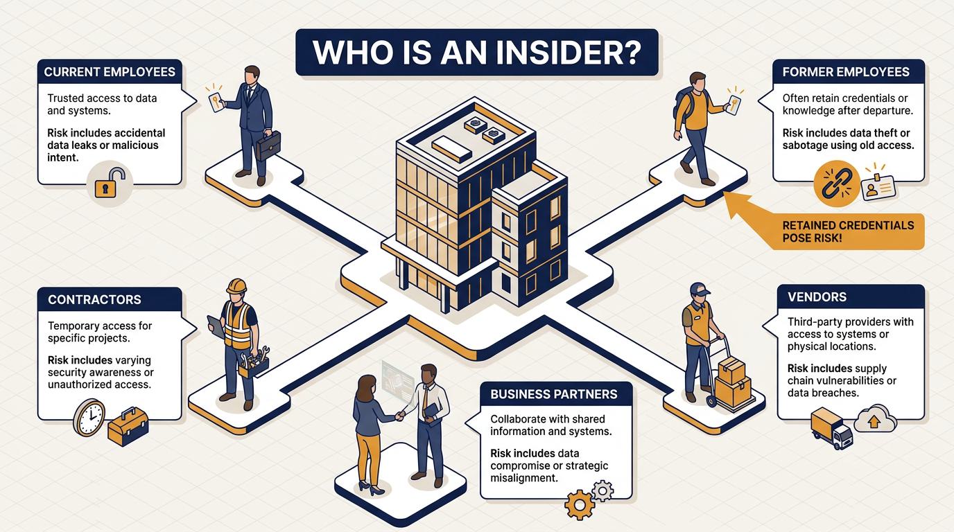 A circular diagram segments insider threats into six categories—malicious, negligent, accidental, collusive, third-party, and compromised—emphasizing how different motives and access types create risk within trusted environments.