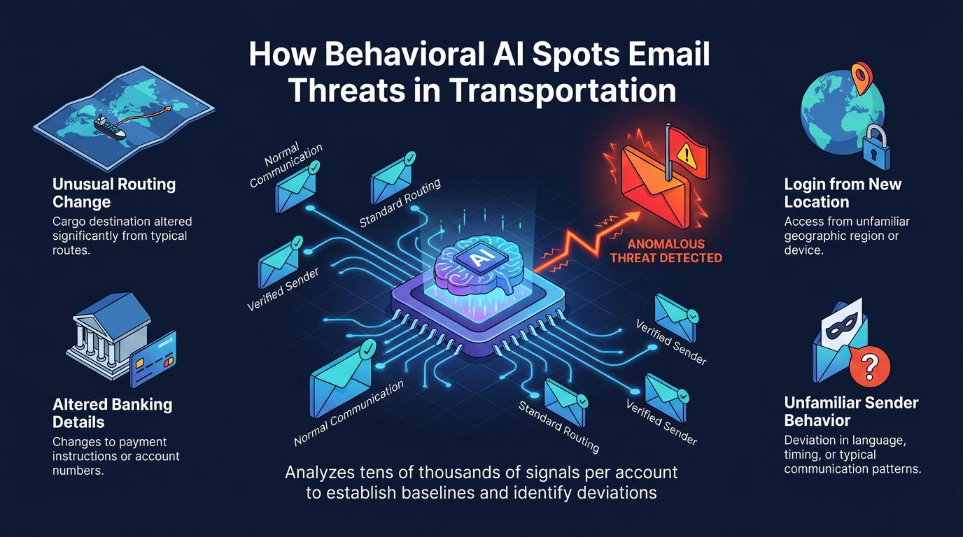 Behavioral AI analyzes email signals across a logistics network to distinguish normal shipping communications and verified senders from anomalies like altered routing, banking changes, or unfamiliar sender behavior.