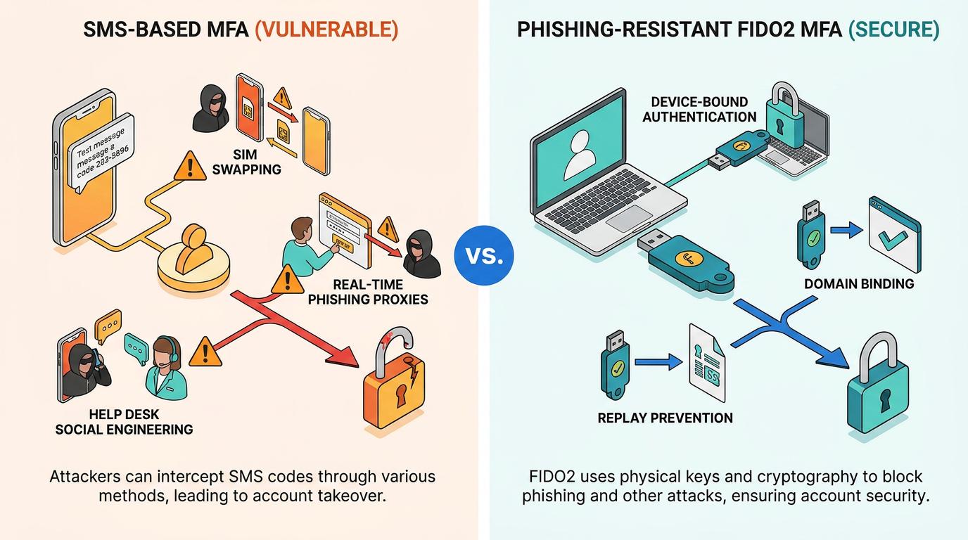 Infographic illustrates six primary attack vectors for account takeover fraud—credential stuffing, phishing, password spraying, SIM swapping, help desk social engineering, and session hijacking—emphasizing layered attack methods and