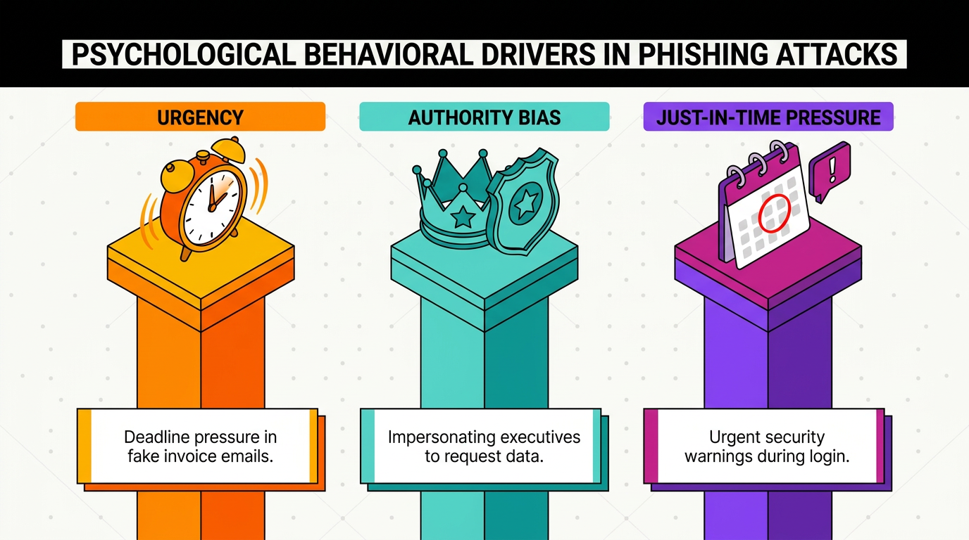 Three pillars illustrate phishing's behavioral drivers: a ringing alarm clock for urgency with fake invoice deadlines, a crown and shield for authority bias via executive impersonation, and a calendar with warning icon for just-in-time