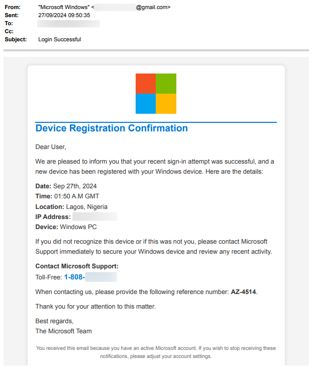 Microsoft Impersonator Device Registration Alert Vishing Email E