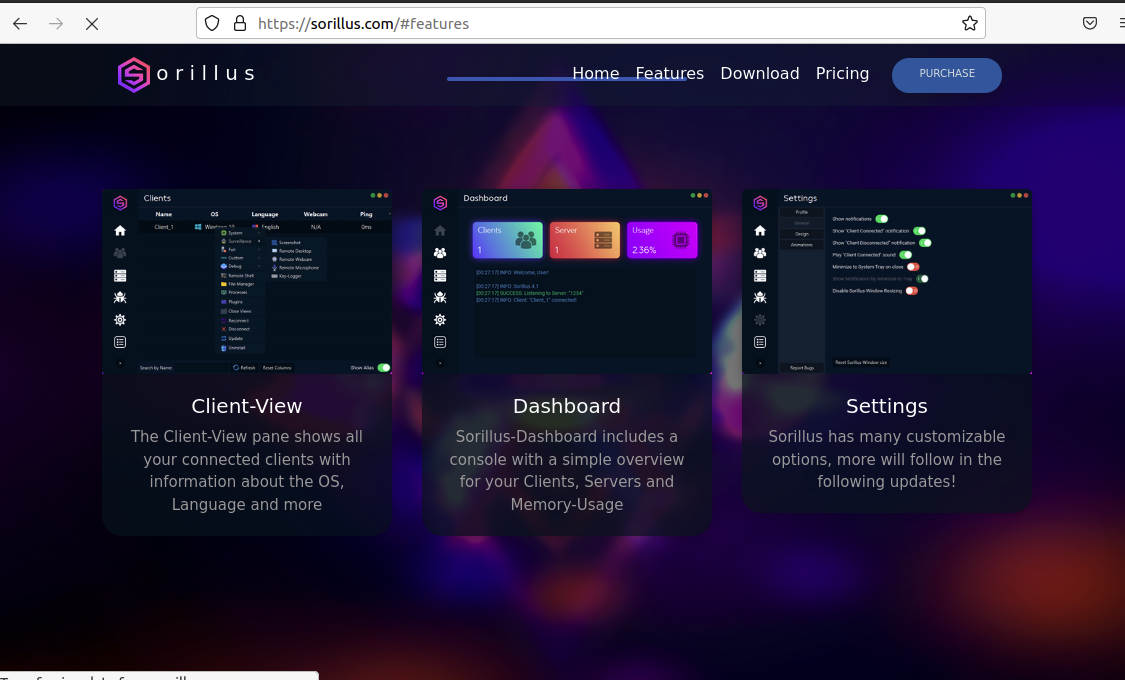 Sorillus RAT website featuring product interface
