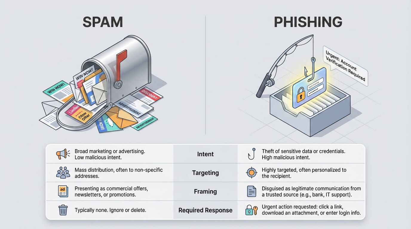 Side-by-side visuals compare spam and phishing: spam shows bulk promotional emails routed to filtering, while phishing depicts targeted attacks with credential theft, requiring incident response and AI-enabled classification.