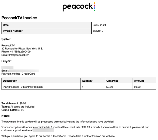 AI Peacock Impersonator Fake Subscription Invoice E