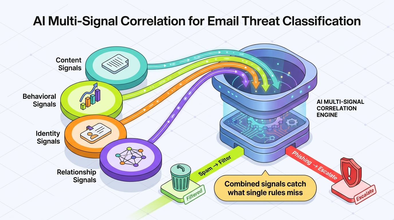 Side-by-side visuals contrast spam and phishing emails by intent, targeting, and required response, underscoring how AI-driven classification distinguishes benign bulk mail from credential-focused attacks needing urgent containment.