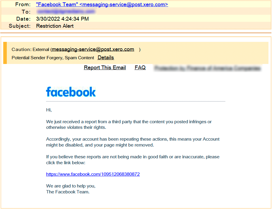 Facebook phishing email with redirect link