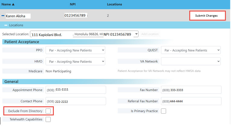 HMSA provider directory update form showing practitioner details, “Exclude From Directory” option, and Submit Changes button.