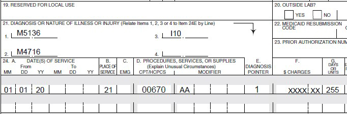 CMS-1500 claim showing diagnoses M51.36 and M47.16 with anesthesia procedure 00670.