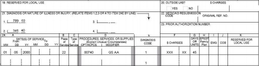 CMS-1500 claim showing diagnoses 789.02 and 745.40 with anesthesia procedure 00740.