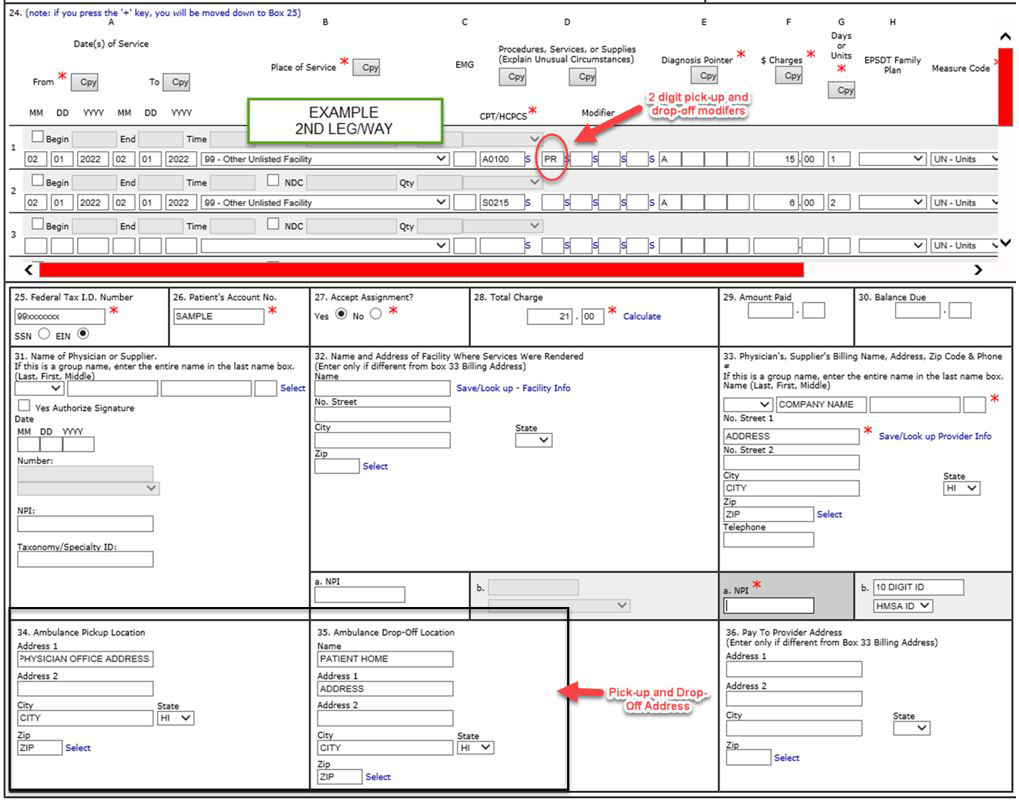 CMS-1500 transportation claim form showing pickup and drop-off locations with modifier PR.