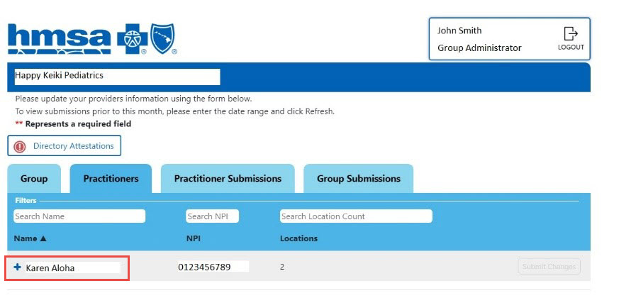 HMSA provider directory update portal showing practitioner record selection.
