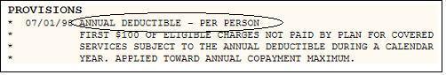 Screenshot of a plan provisions section showing an annual deductible per person, stating that the first $100 of eligible charges is not covered by the plan and is applied toward the annual deductible during a calendar year.
