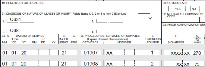 CMS-1500 claim showing diagnoses O63.1 and O68 with anesthesia procedures 01967 and 01968.