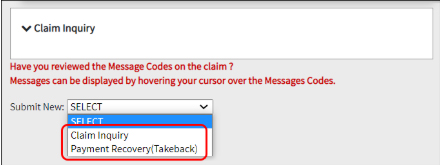 Claim Inquiry dropdown showing Claim Inquiry and Payment Recovery options.