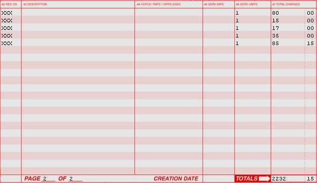 Example of service from second page of UB04 (CMS 1450) claim
