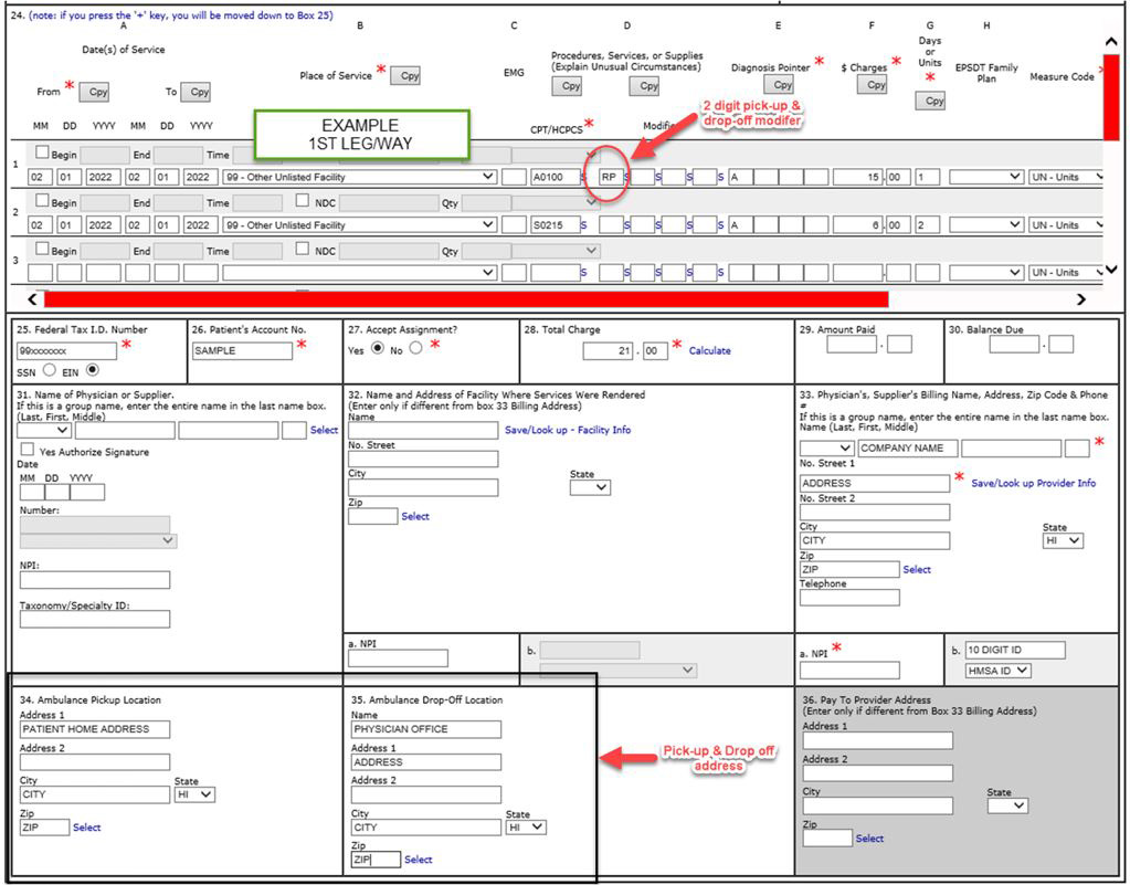 CMS-1500 transportation claim form showing pickup and drop-off addresses with modifier RP.