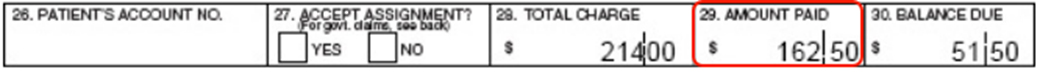 CMS-1500 claim showing amount paid and balance due.
