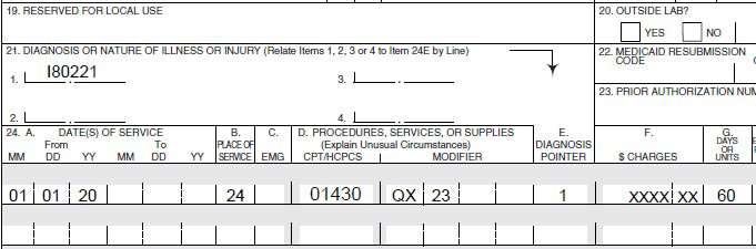 CMS-1500 claim showing diagnosis I80.221 and anesthesia procedure 01430 with QX modifier.