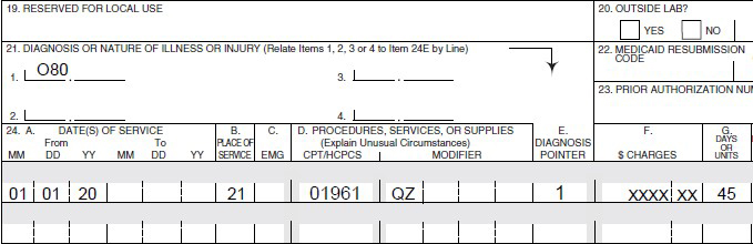 CMS-1500 claim showing O80 diagnosis and 01961 anesthesia procedure with QZ modifier.