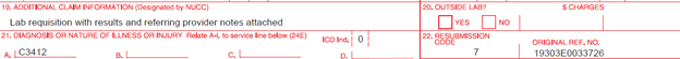 CMS-1500 claim showing resubmission code and original reference number.