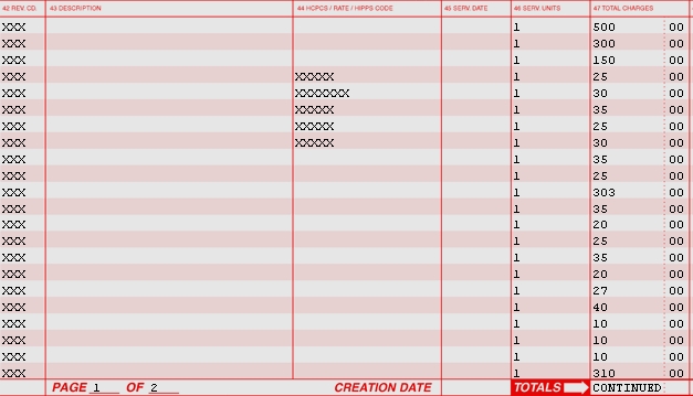 Example of service from first page of UB04 (CMS 1450) claim