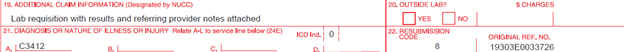 CMS-1500 claim showing resubmission code 8 with original reference number.