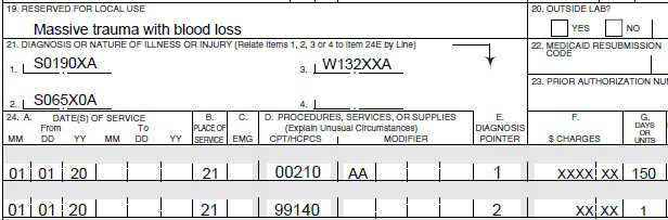 CMS-1500 claim showing trauma diagnosis codes and anesthesia procedure 00210.