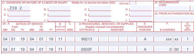 CMS-1500 claim showing diagnosis Z39.2 with procedures 99213 and 0503F.