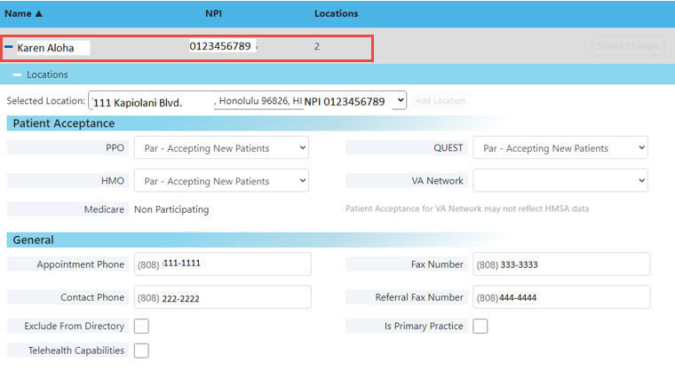 HMSA provider directory update form showing practitioner location and contact information fields.