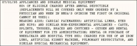 Screenshot of plan provisions describing appliances and durable medical equipment coverage, showing that 80% of eligible charges are covered after the annual deductible, with examples including hearing aids, pacemakers, artificial limbs, casts, braces, oxygen equipment, wheelchairs, and similar medical equipment.