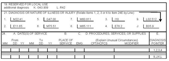 CMS-1500 claim form showing multiple ICD-10 diagnosis codes with pointers 1–4 and J–L in the services section.