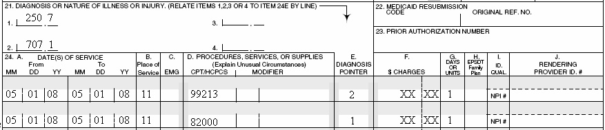 CMS-1500 claim with diagnoses 250.7 and 707.1.