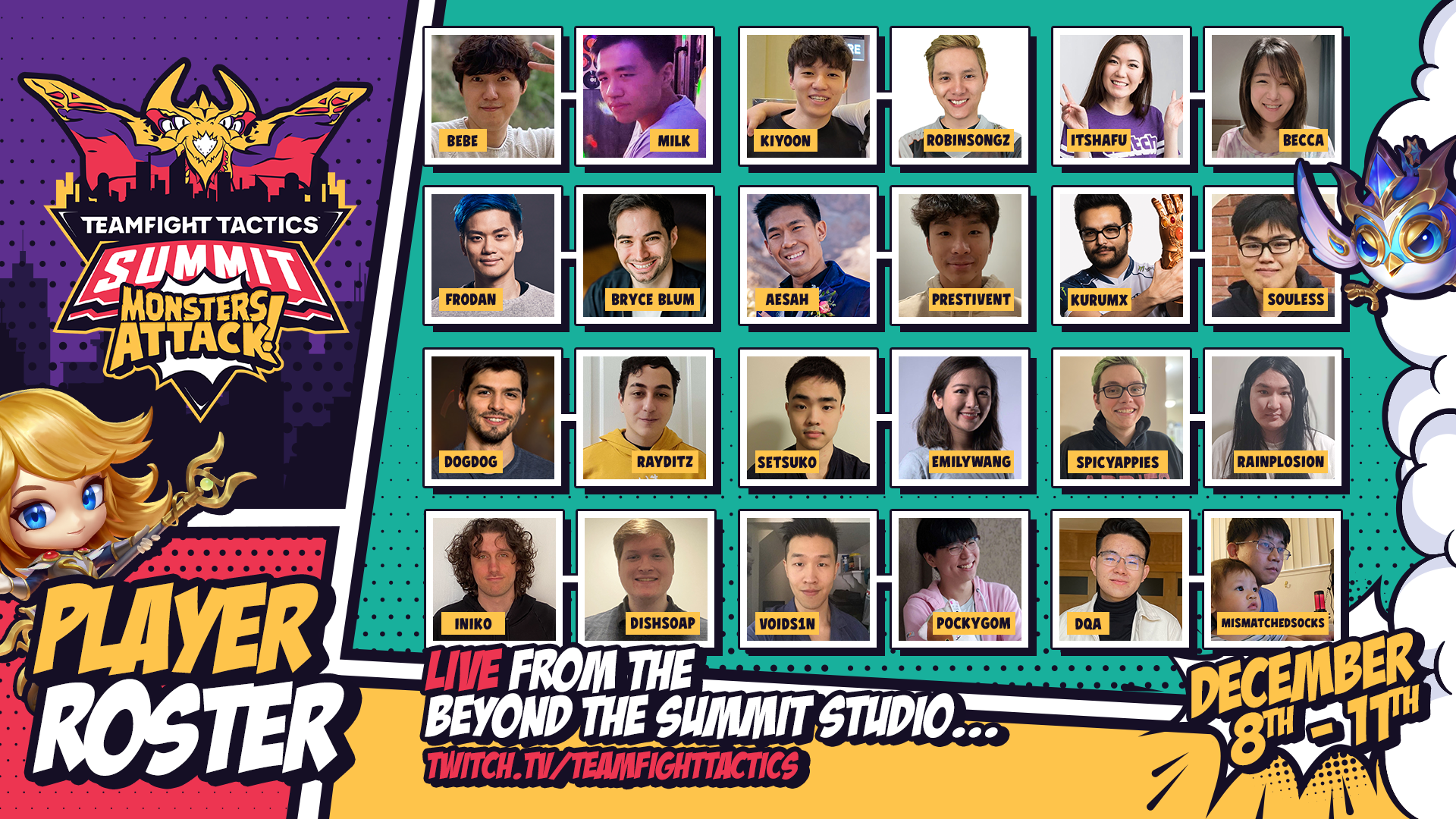 Player Roster for TFT Summit. Headshots of players are shown in pairs. Bebe and Milk. Kiyoon and Robinsongz. Itshafu and Becca. Frodan and Bryce Blum. Aesah and Prestivent. Kurumx and Souless. Dogdog and Rayditz. Setsuko and Emily Wang. Spicyappies and Rainplosion. Iniko and Dishsoap. Voidsin and Pockygom. DQA and Mismatchedsocks.